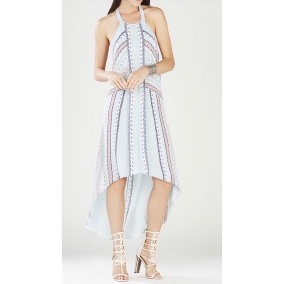 BCBGMAXAZRIA Ginevia Scarf Print Hi-Low Hem Halter Dress